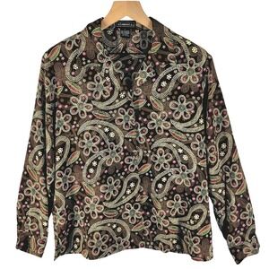 Vtg 90s Elementz Paisley Blouse Womens L Brown Pink Long Sleeve Retro Whimsical